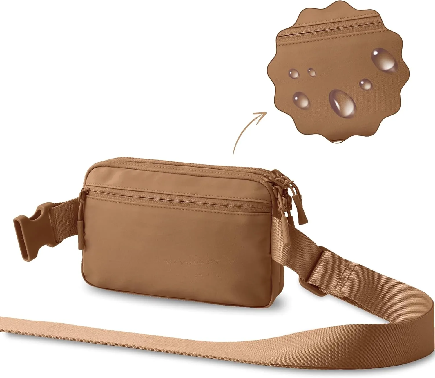 FORZAROCKET Essential  Belt Bag w/Long Strap 70" – Double Compartment – Crossbody Bag w/Extended Strap – Fanny Pack for Women Men – Two-Way Zipper Sling Bag – Travel & Plus Size Friendly, Light Brown