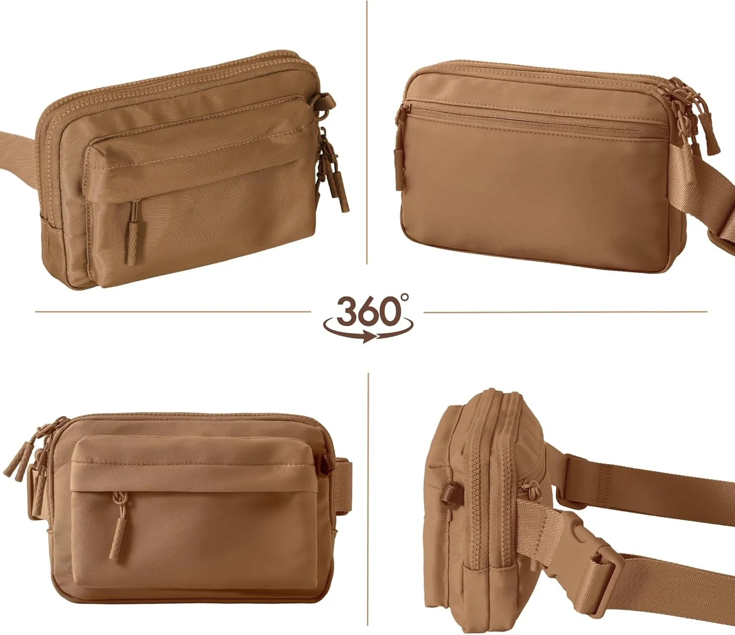 FORZAROCKET Essential  Belt Bag w/Long Strap 70" – Double Compartment – Crossbody Bag w/Extended Strap – Fanny Pack for Women Men – Two-Way Zipper Sling Bag – Travel & Plus Size Friendly, Light Brown
