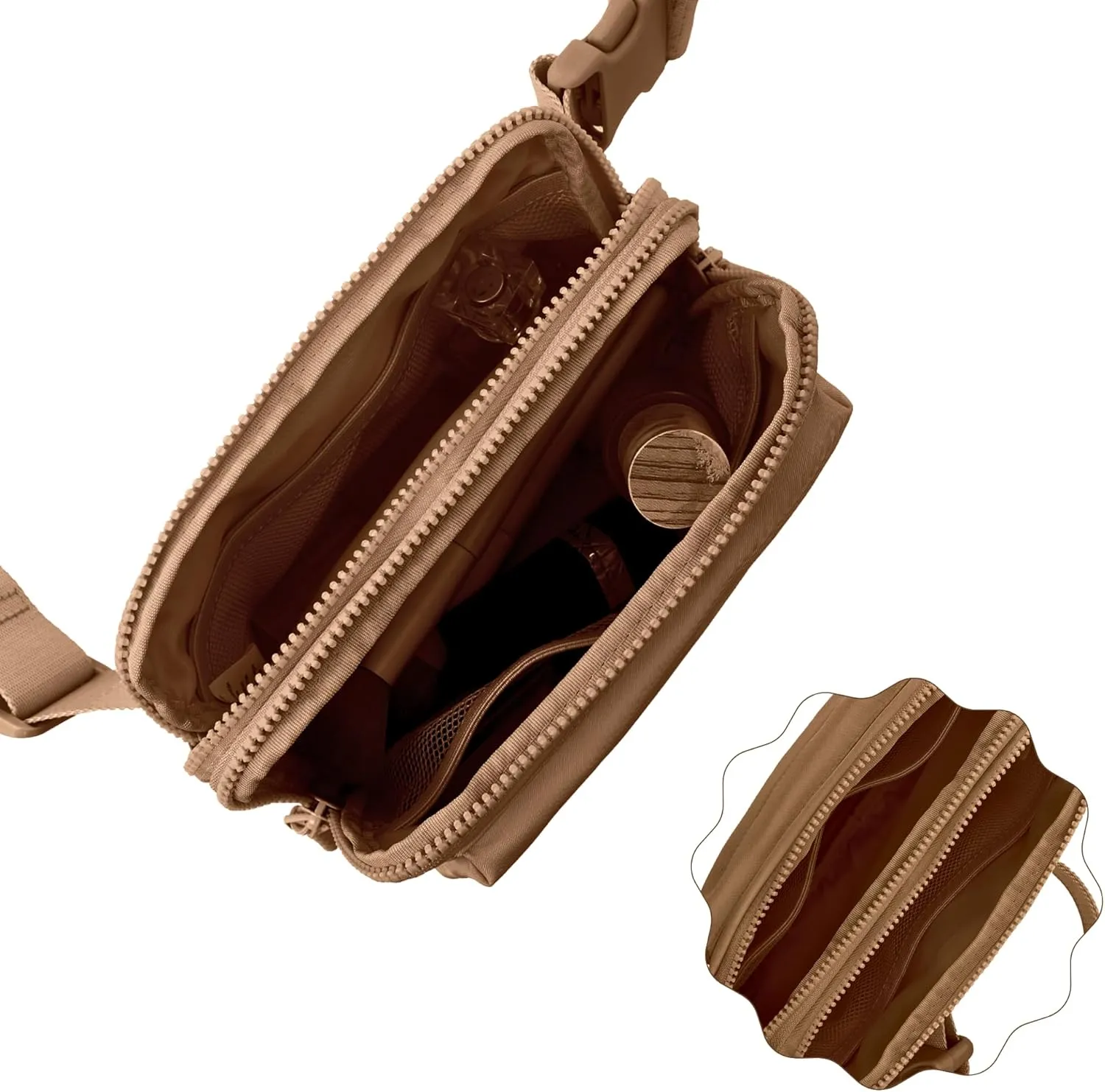 FORZAROCKET Essential  Belt Bag w/Long Strap 70" – Double Compartment – Crossbody Bag w/Extended Strap – Fanny Pack for Women Men – Two-Way Zipper Sling Bag – Travel & Plus Size Friendly, Light Brown
