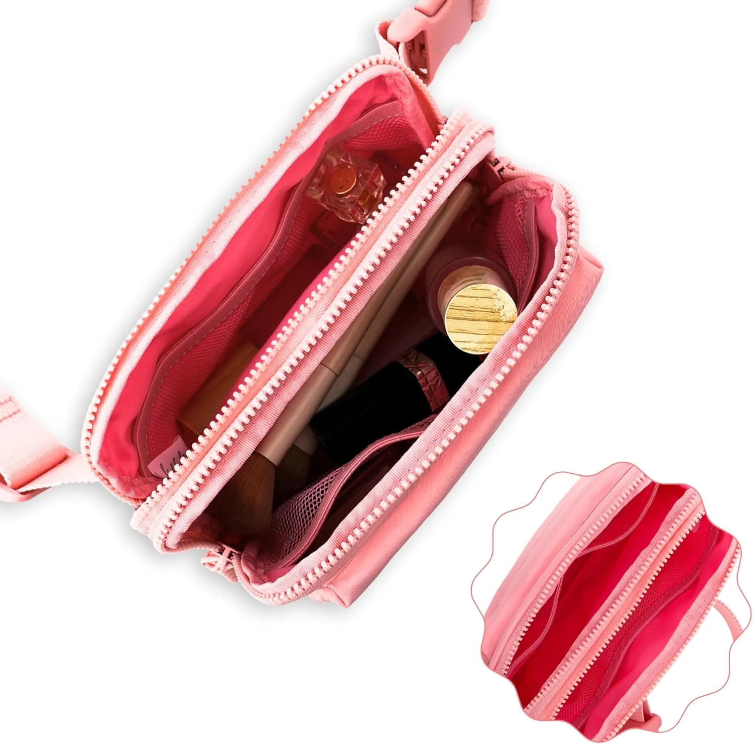 FORZAROCKET Essential  Belt Bag w/Long Strap 70" – Double Compartment – Crossbody Bag w/Extended Strap – Fanny Pack for Women Men – Two-Way Zipper Sling Bag – Travel & Plus Size Friendly, Light Pink
