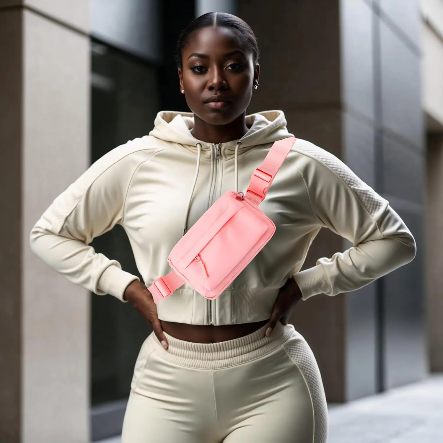 FORZAROCKET Essential  Belt Bag w/Long Strap 70" – Double Compartment – Crossbody Bag w/Extended Strap – Fanny Pack for Women Men – Two-Way Zipper Sling Bag – Travel & Plus Size Friendly, Light Pink