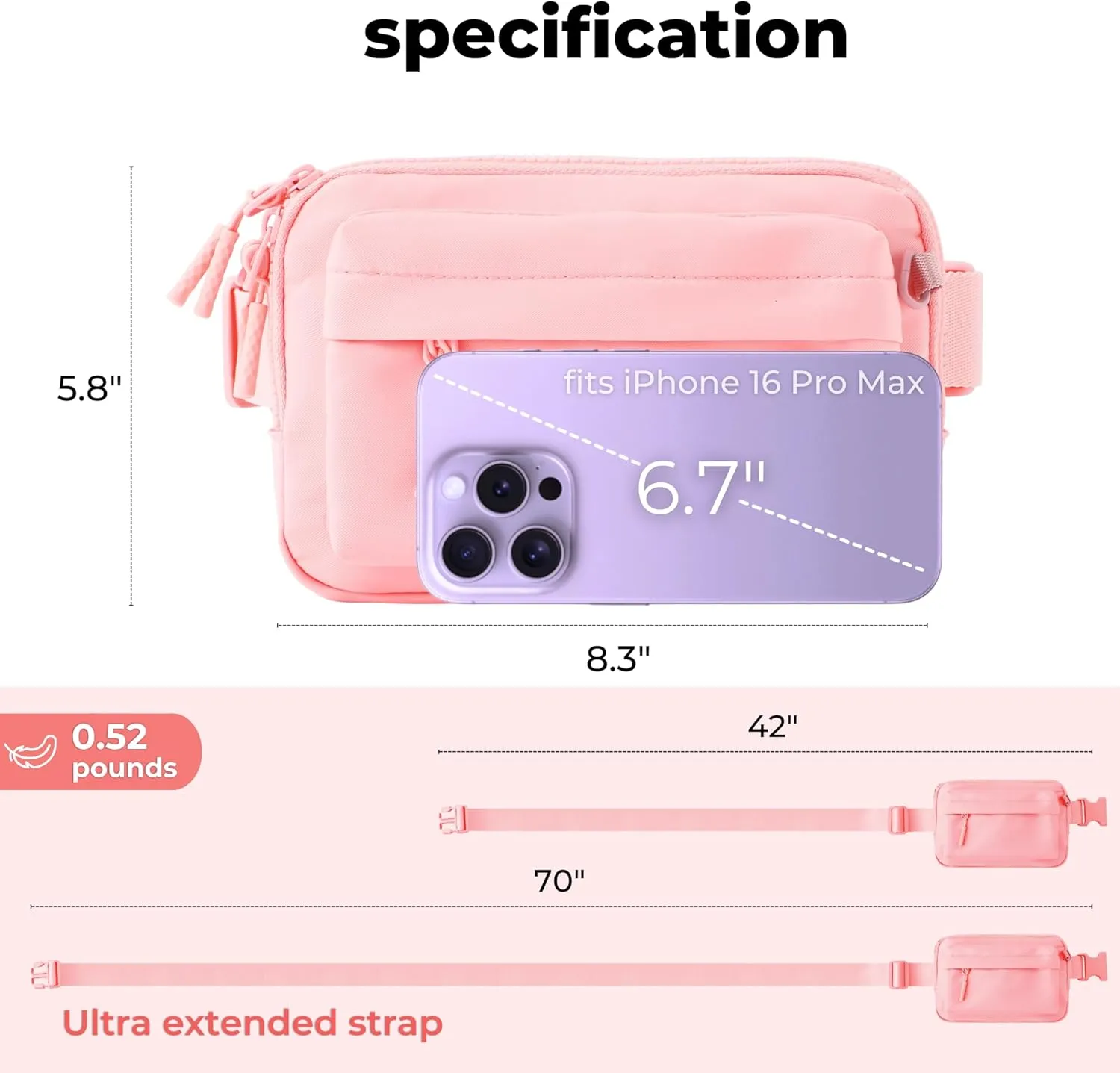 FORZAROCKET Essential  Belt Bag w/Long Strap 70" – Double Compartment – Crossbody Bag w/Extended Strap – Fanny Pack for Women Men – Two-Way Zipper Sling Bag – Travel & Plus Size Friendly, Light Pink