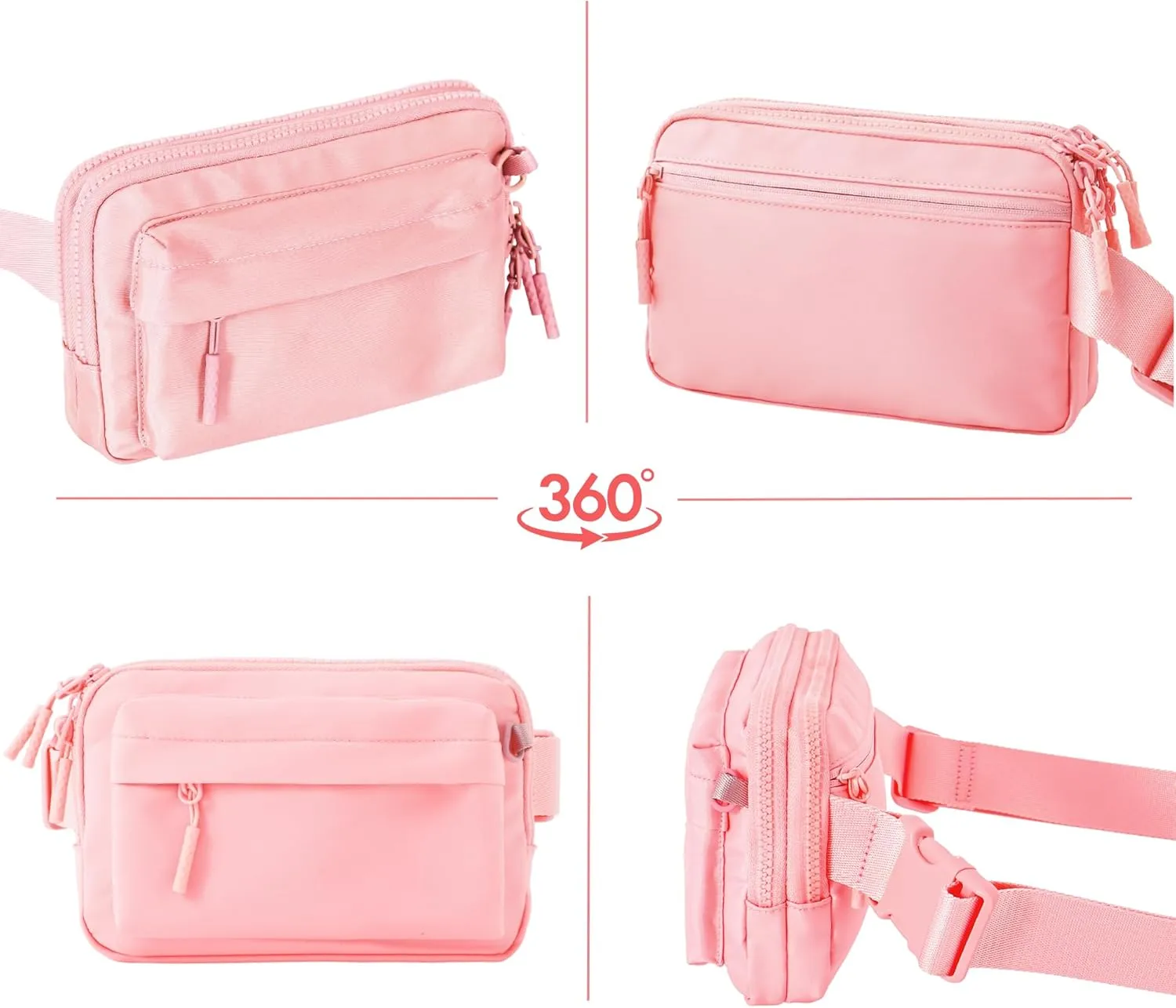 FORZAROCKET Essential  Belt Bag w/Long Strap 70" – Double Compartment – Crossbody Bag w/Extended Strap – Fanny Pack for Women Men – Two-Way Zipper Sling Bag – Travel & Plus Size Friendly, Light Pink