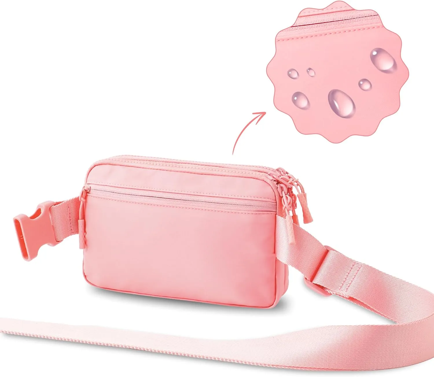 FORZAROCKET Essential  Belt Bag w/Long Strap 70" – Double Compartment – Crossbody Bag w/Extended Strap – Fanny Pack for Women Men – Two-Way Zipper Sling Bag – Travel & Plus Size Friendly, Light Pink