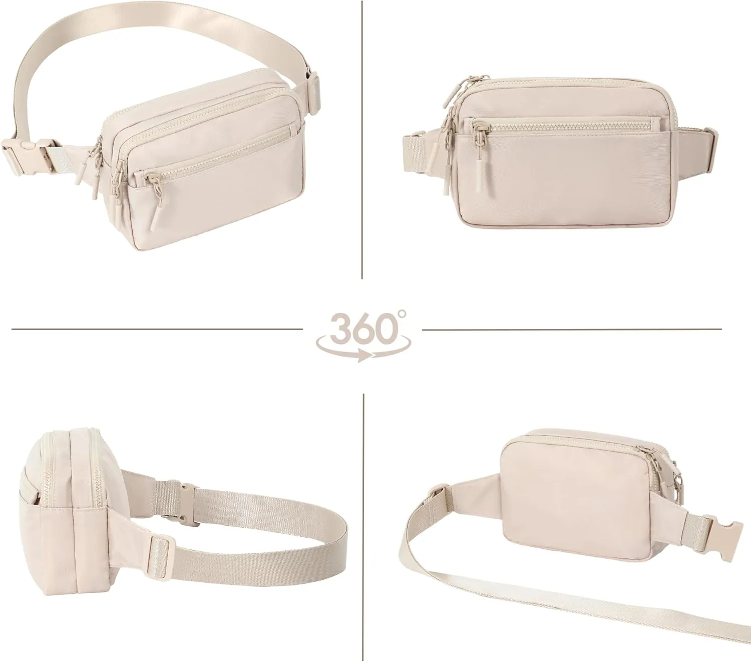 FORZAROCKET Essential  Large Belt Bag w/Long Strap 70" – Double Compartment – Crossbody Bag w/Extended Strap – Fanny Pack for Women Men – Two-Way Zipper Sling Bag – Travel & Plus Size Friendly, Beige