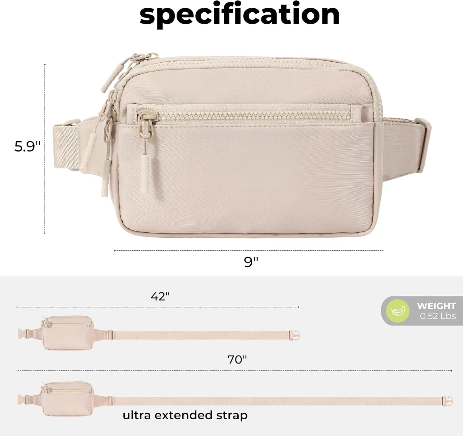 FORZAROCKET Essential  Large Belt Bag w/Long Strap 70" – Double Compartment – Crossbody Bag w/Extended Strap – Fanny Pack for Women Men – Two-Way Zipper Sling Bag – Travel & Plus Size Friendly, Beige