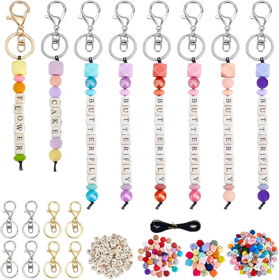 FREEBLOSS 370Pcs DIY Keychain Making Crafts Kits Silicone Beads Keychain Making Kit Letter Beads Keychain Beaded Keychain Kit Bead Lanyard for DIY Silicon Bead Jewelry Keychain Gift