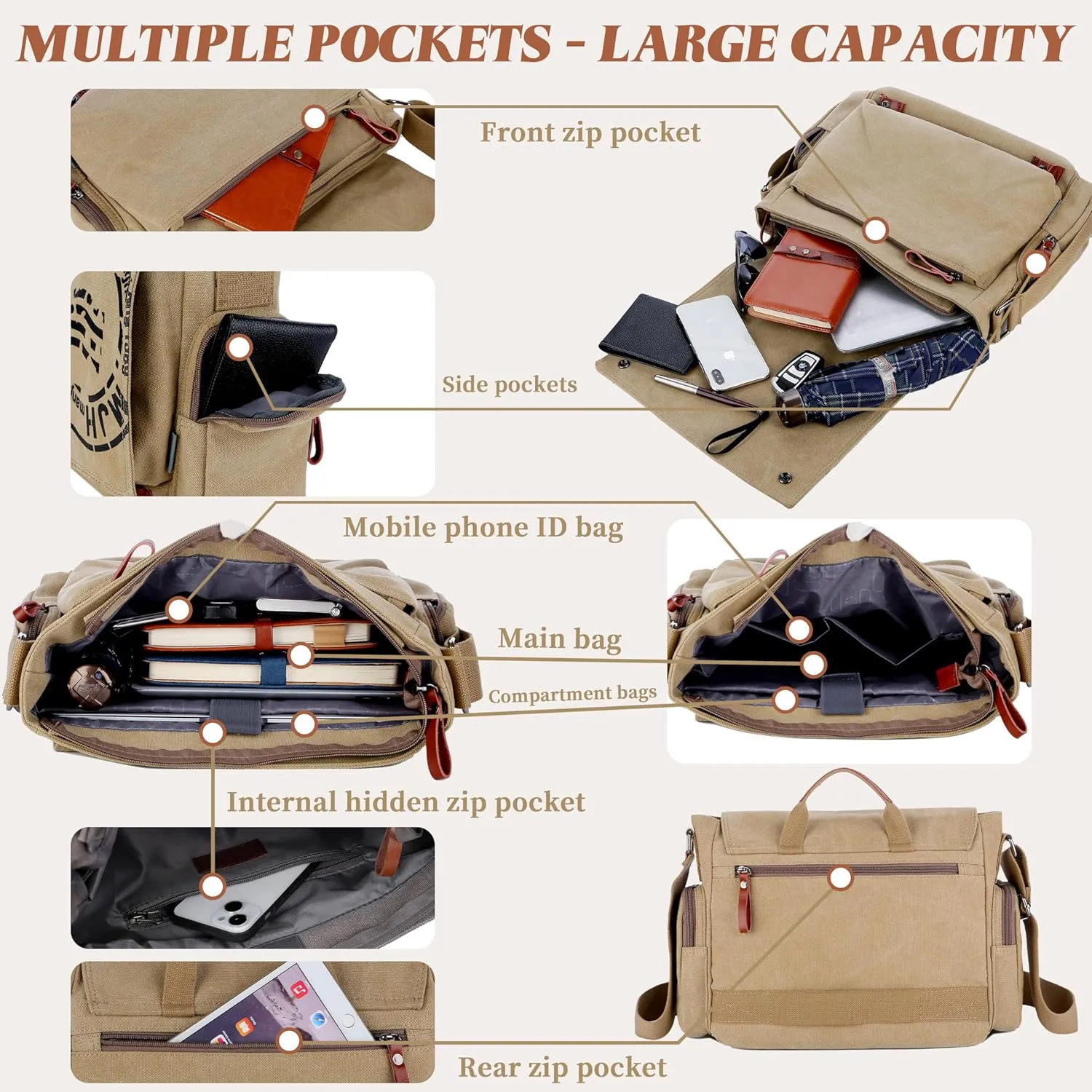 FSD.WG Satchel Messenger Bag for Men Canvas,Travel Shoulder bag 13.5" Laptop Bags