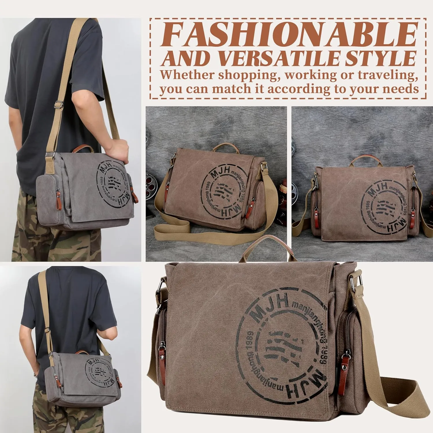 FSD.WG Satchel Messenger Bag for Men Canvas,Travel Shoulder bag 13.5" Laptop Bags