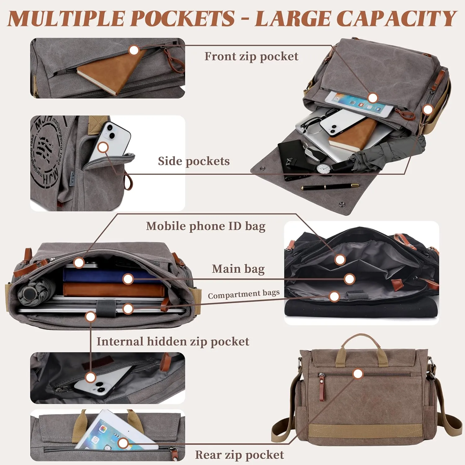 FSD.WG Satchel Messenger Bag for Men Canvas,Travel Shoulder bag 13.5" Laptop Bags