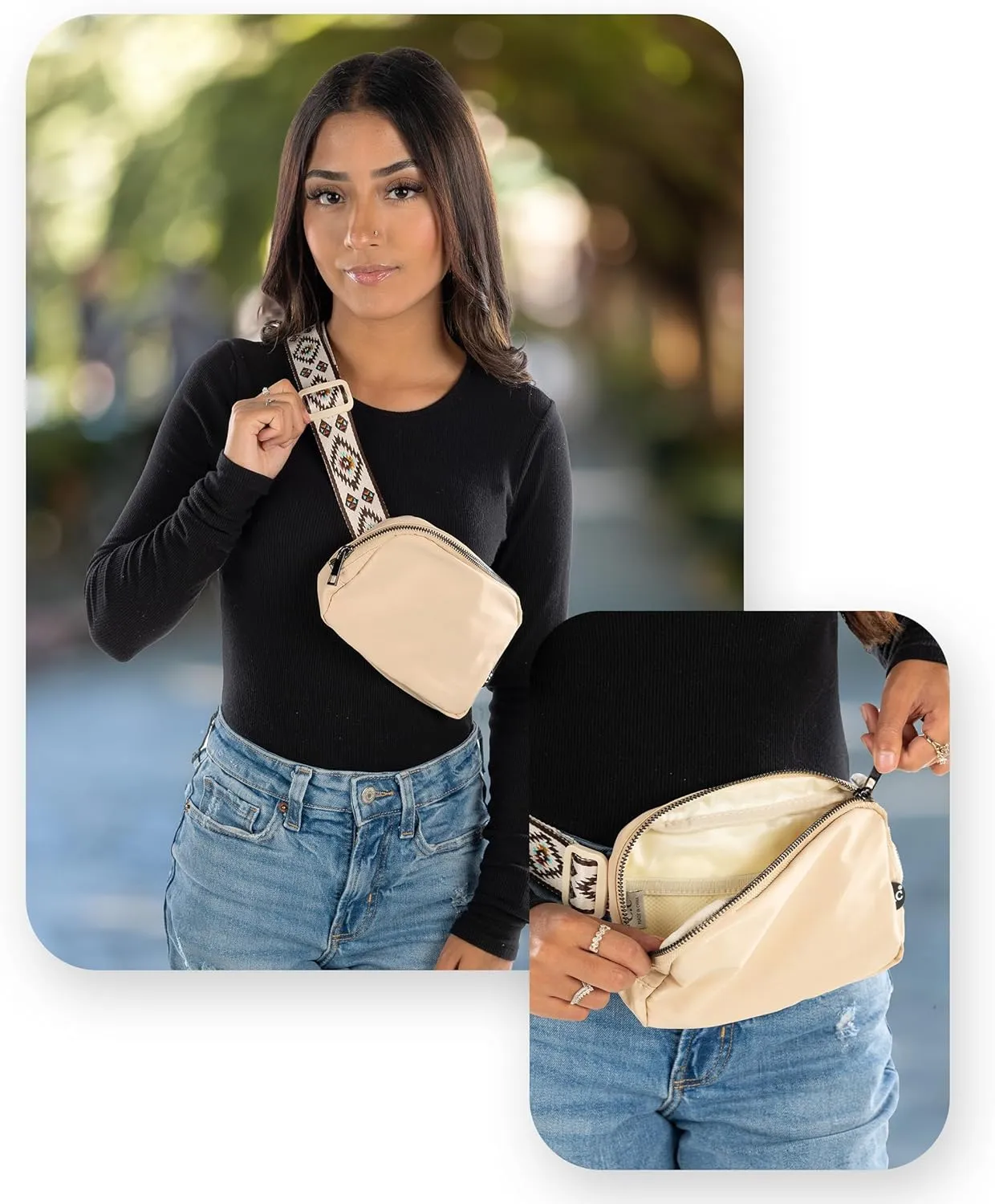 Funky Junque Small Crossbody Bag for Women, Nylon Crossbag Sling Belt Waist Fanny Pack with Adjustable Strap, Beige - Aztec Strap - Beige