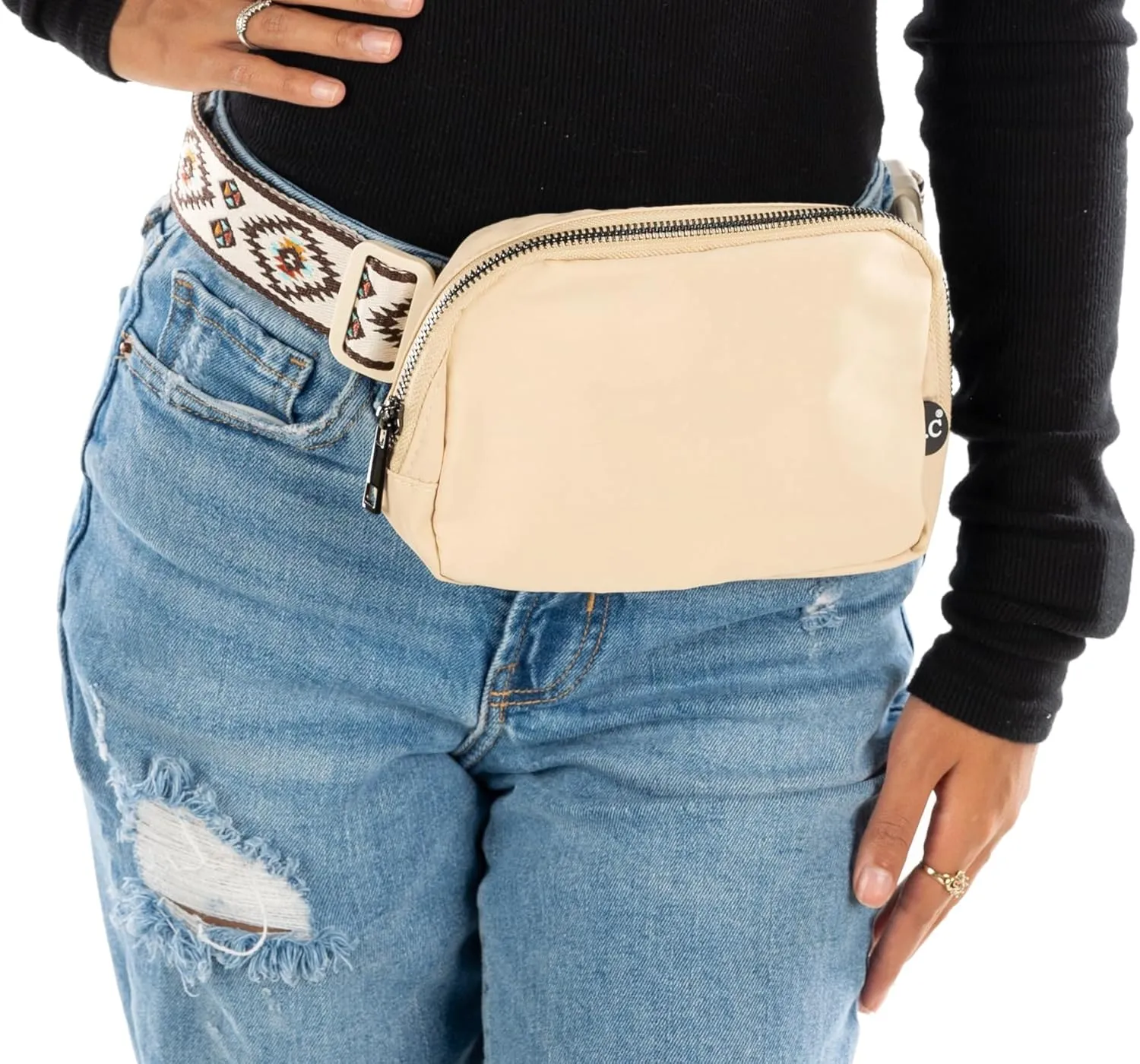 Funky Junque Small Crossbody Bag for Women, Nylon Crossbag Sling Belt Waist Fanny Pack with Adjustable Strap, Beige - Aztec Strap - Beige