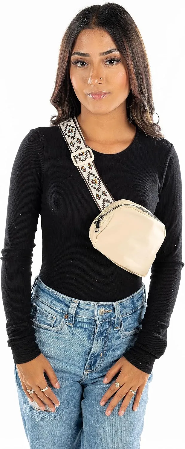 Funky Junque Small Crossbody Bag for Women, Nylon Crossbag Sling Belt Waist Fanny Pack with Adjustable Strap, Beige - Aztec Strap - Beige