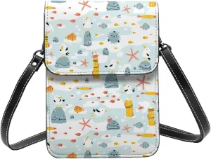 funny gulls and marine animals white Crossbody Cell Phone Purse for Women Girls Leather Mini Cross Body Bags Small Shoulder Bags