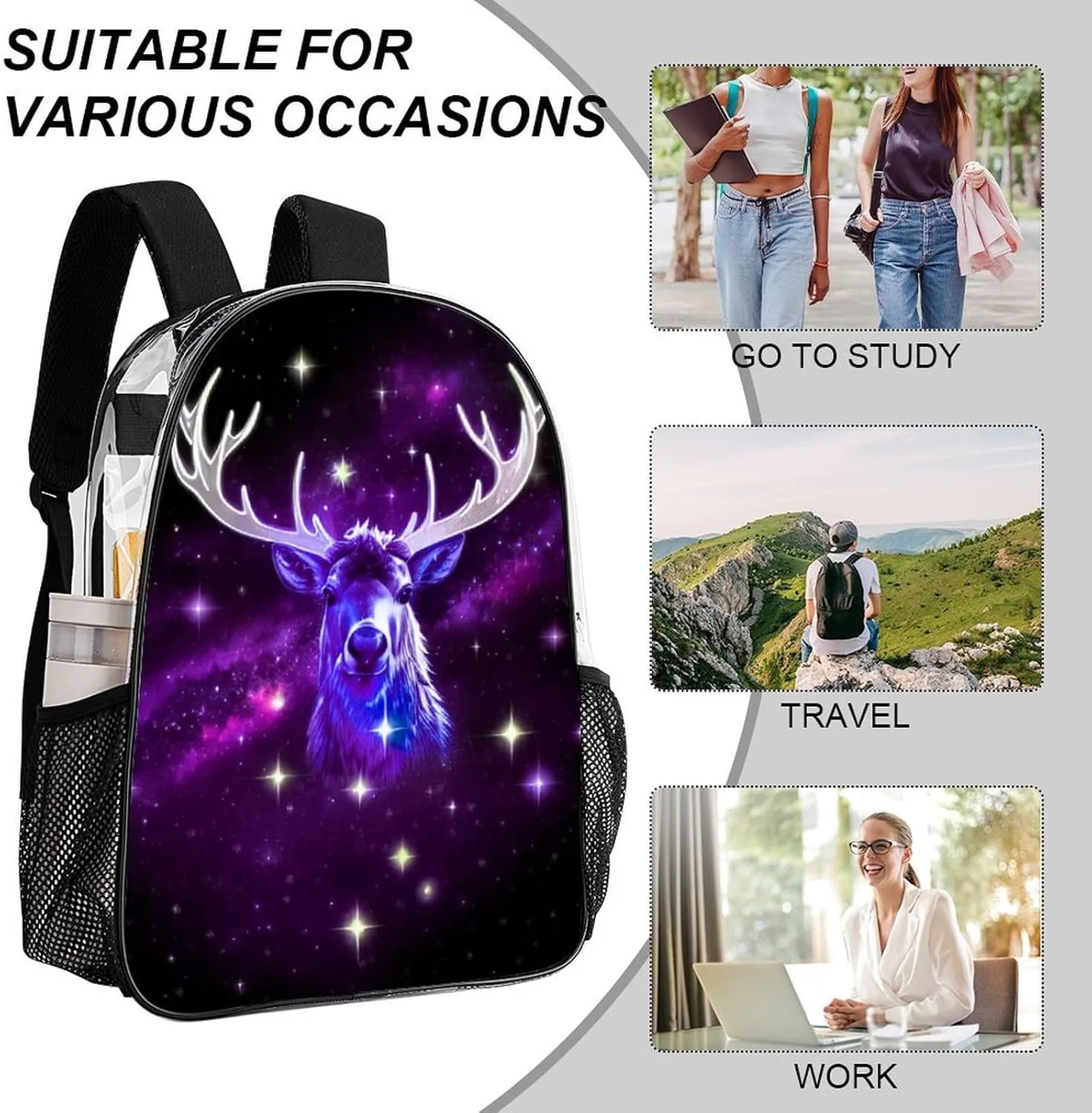 Galaxy Starry Sky Christmas Elk Moose Art Rucksacks Lightweight Multipurpose Transparent Shoulder Bag Big Capacity Traveling & Camping Backpack With Side Pockets