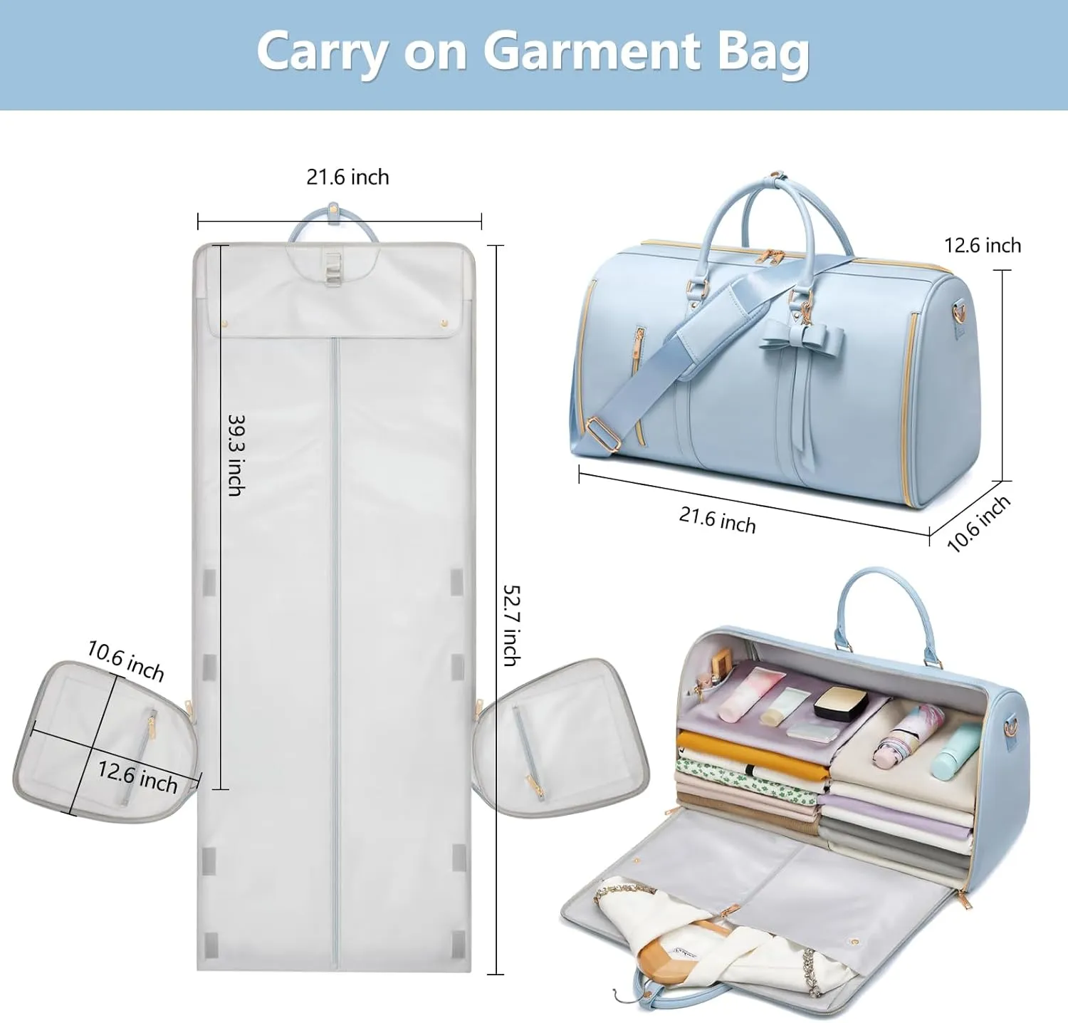 Garment Bags for Travel, Convertible Suit Travel Bag for Women, Fashion & Cute Carry On Garment Bag w/Shoes Pouch, 2 in 1 Foldable PU Leather Hanging Duffle Bag, Single-Zipper Design, Blue