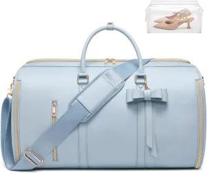 Garment Bags for Travel, Convertible Suit Travel Bag for Women, Fashion & Cute Carry On Garment Bag w/Shoes Pouch, 2 in 1 Foldable PU Leather Hanging Duffle Bag, Single-Zipper Design, Blue