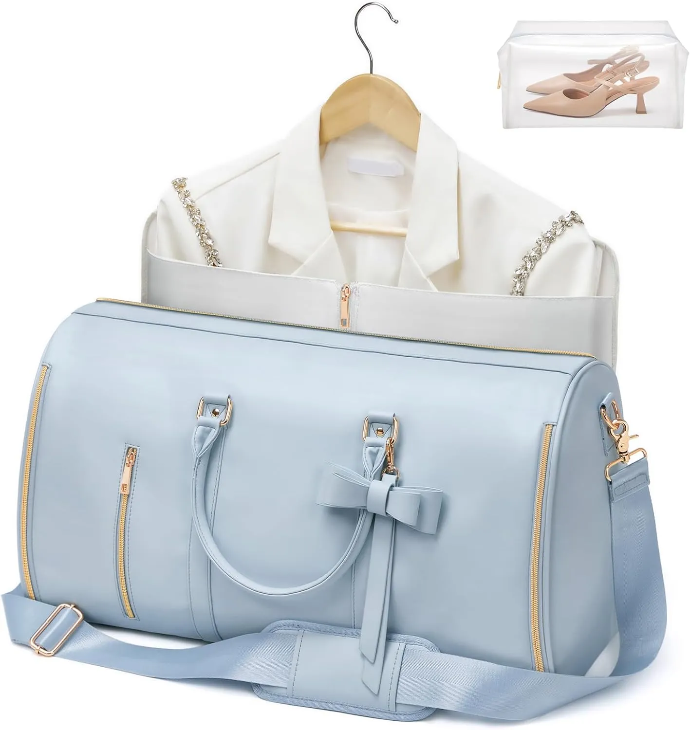 Garment Bags for Travel, Convertible Suit Travel Bag for Women, Fashion & Cute Carry On Garment Bag w/Shoes Pouch, 2 in 1 Foldable PU Leather Hanging Duffle Bag, Single-Zipper Design, Blue