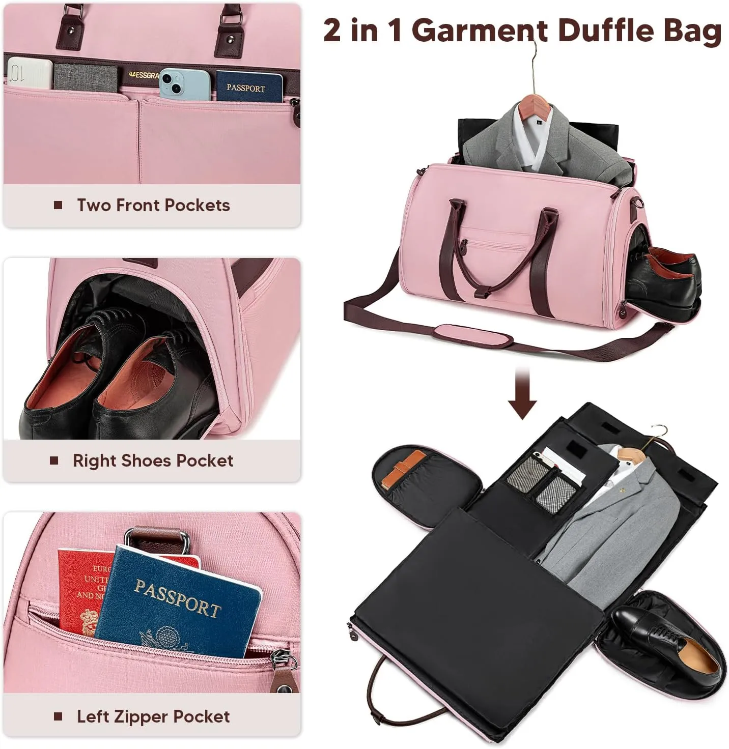 Garment Bags for Travel, Convertible Travel Garment Duffle Bag, Carry On Garment Bag for Men Women with Shoes Compartment, 2 in 1 Suit Bag Travel Duffel Bag with Detachable Shoulder Strap-Pink