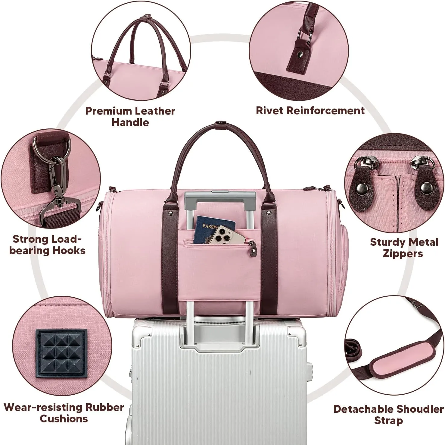 Garment Bags for Travel, Convertible Travel Garment Duffle Bag, Carry On Garment Bag for Men Women with Shoes Compartment, 2 in 1 Suit Bag Travel Duffel Bag with Detachable Shoulder Strap-Pink