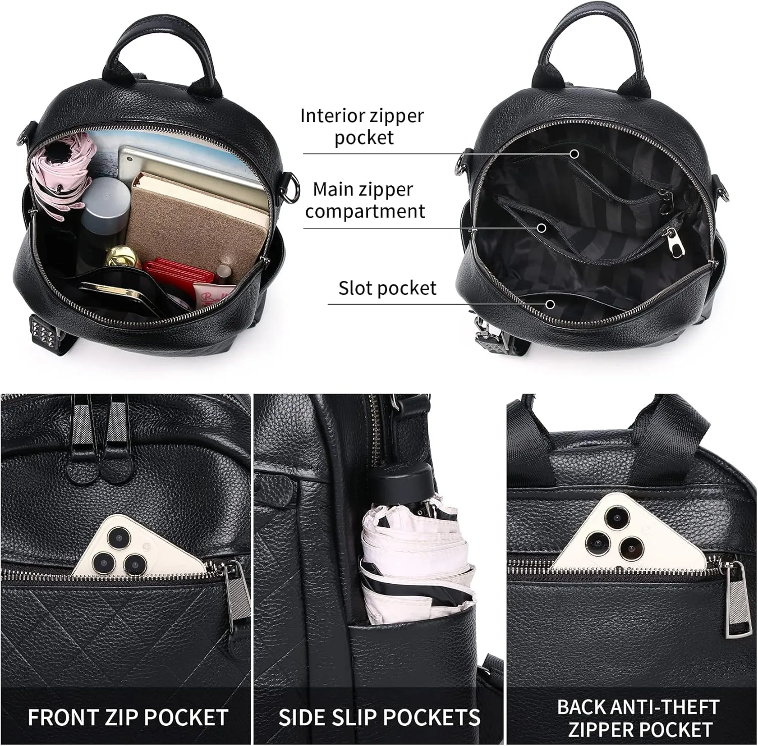Genuine Leather Backpack Purse For Women Black Quilted Real Soft Leather Fashion Designer Convertible Ladies Shoulder Bag