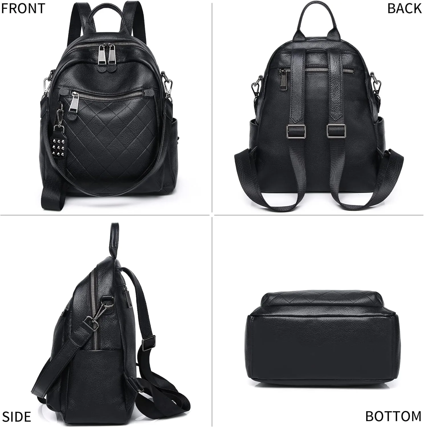 Genuine Leather Backpack Purse For Women Black Quilted Real Soft Leather Fashion Designer Convertible Ladies Shoulder Bag