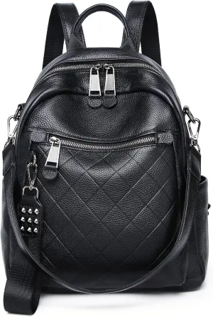 Genuine Leather Backpack Purse For Women Black Quilted Real Soft Leather Fashion Designer Convertible Ladies Shoulder Bag
