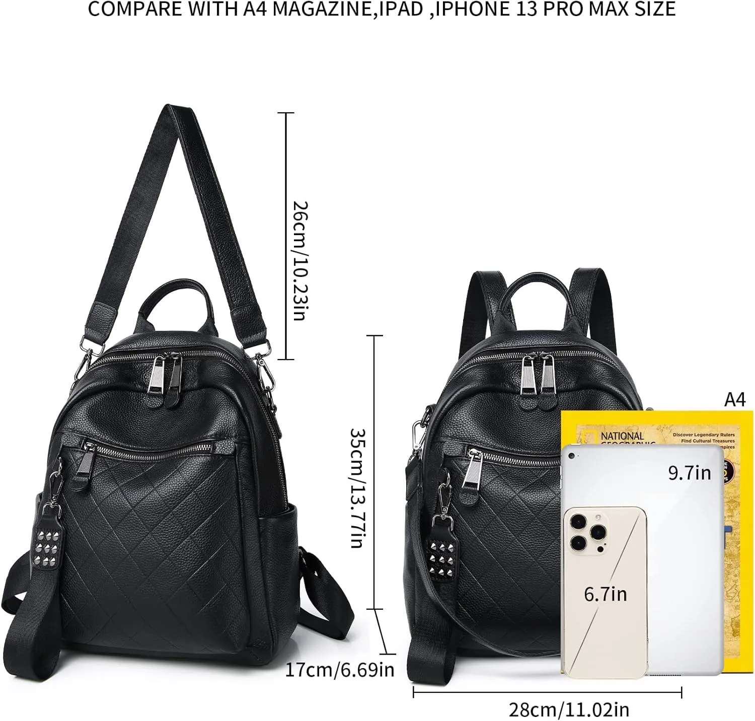 Genuine Leather Backpack Purse For Women Black Quilted Real Soft Leather Fashion Designer Convertible Ladies Shoulder Bag