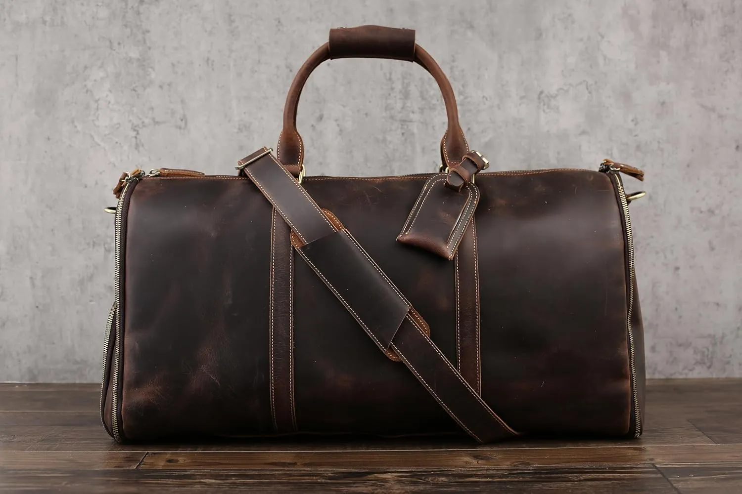 Genuine Leather Convertible Garment Bag with Shoes Compartmen Customized Full Grain Leather Carry on Duffle Bag for Men Women Weekender Hanging Business Suitcase for Travel Suit Coffee