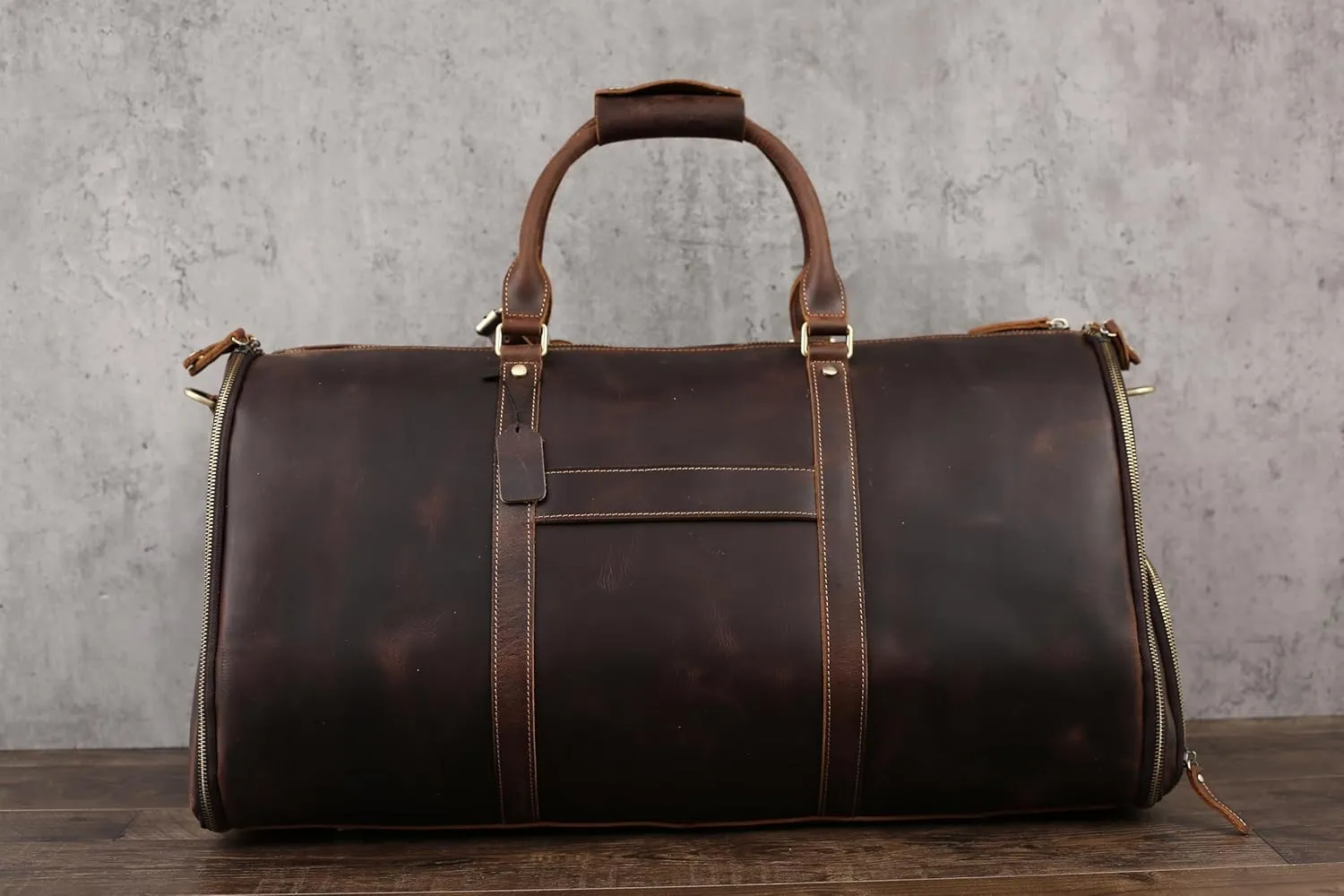 Genuine Leather Convertible Garment Bag with Shoes Compartmen Customized Full Grain Leather Carry on Duffle Bag for Men Women Weekender Hanging Business Suitcase for Travel Suit Coffee