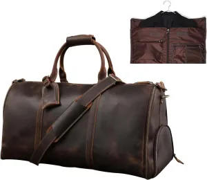 Genuine Leather Convertible Garment Bag with Shoes Compartmen Customized Full Grain Leather Carry on Duffle Bag for Men Women Weekender Hanging Business Suitcase for Travel Suit Coffee