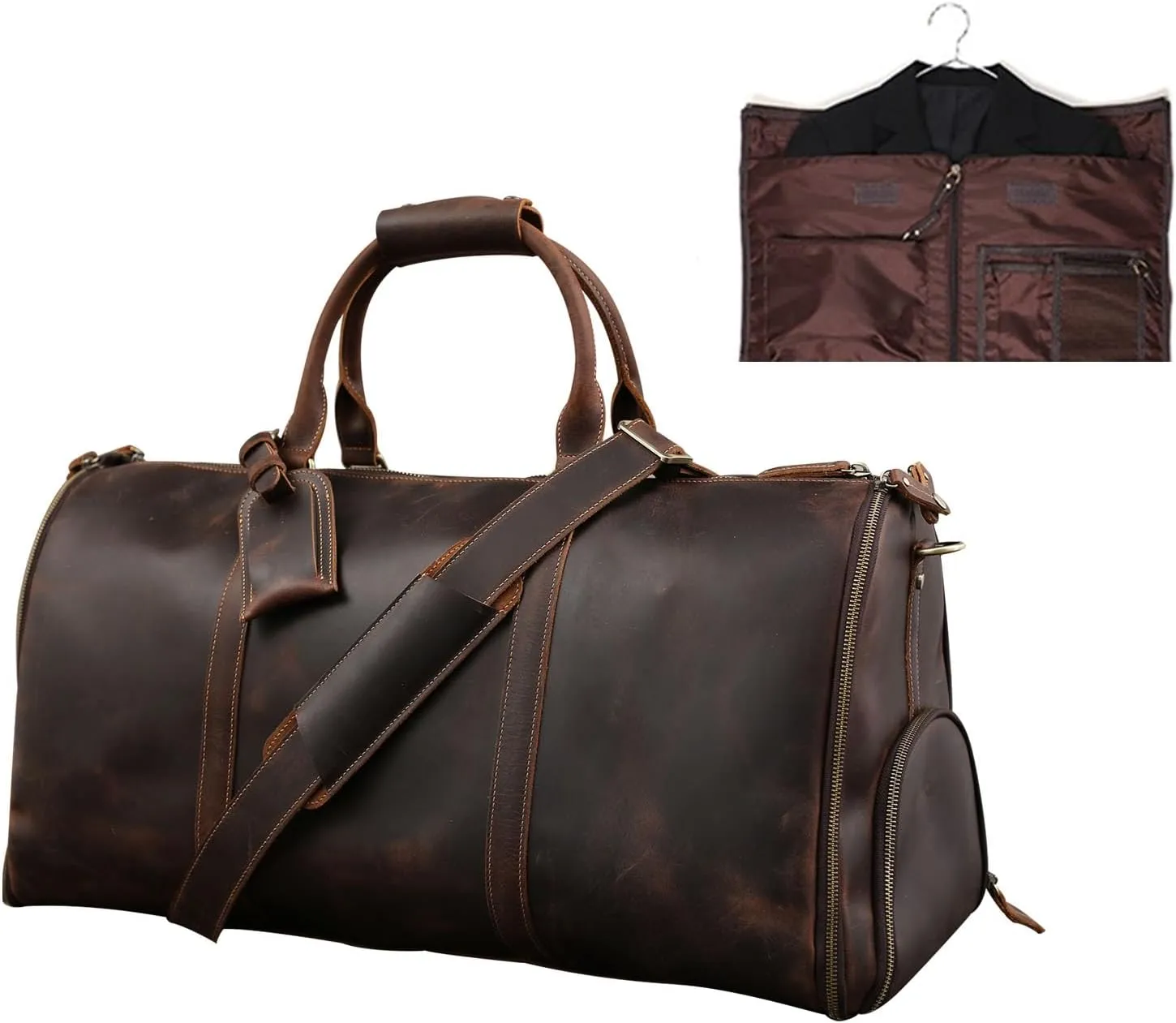 Genuine Leather Convertible Garment Bag with Shoes Compartmen Customized Full Grain Leather Carry on Duffle Bag for Men Women Weekender Hanging Business Suitcase for Travel Suit Coffee