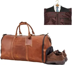 Genuine Leather Convertible Garment Bag with Shoes Compartment Full Grain Leather Carry on Duffle Bag for Men Women Weekender Hanging Business Suitcase for Travel Suit