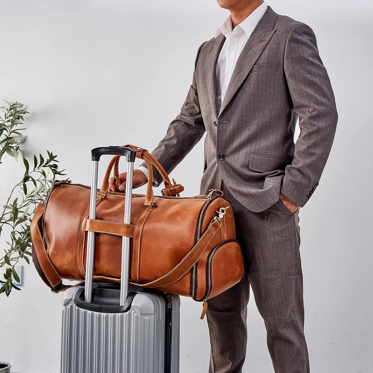 Genuine Leather Convertible Garment Bag with Shoes Compartment Full Grain Leather Carry on Duffle Bag for Men Women Weekender Hanging Business Suitcase for Travel Suit