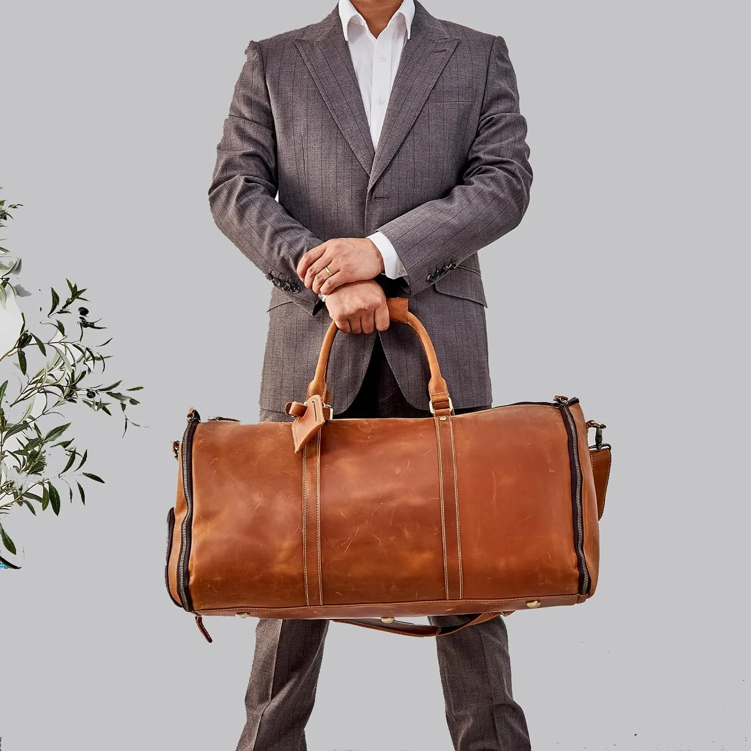 Genuine Leather Convertible Garment Bag with Shoes Compartment Full Grain Leather Carry on Duffle Bag for Men Women Weekender Hanging Business Suitcase for Travel Suit