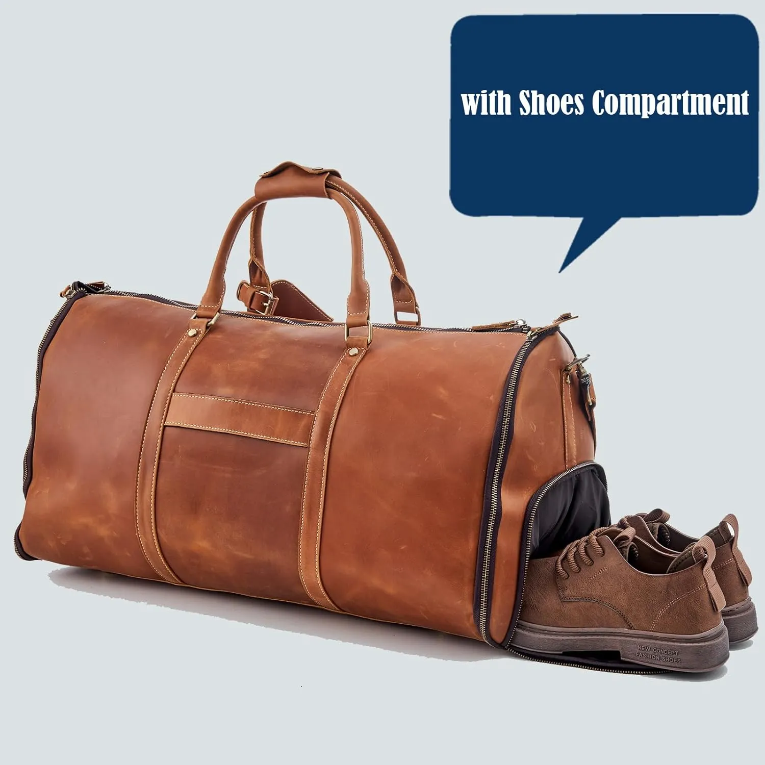 Genuine Leather Convertible Garment Bag with Shoes Compartment Full Grain Leather Carry on Duffle Bag for Men Women Weekender Hanging Business Suitcase for Travel Suit