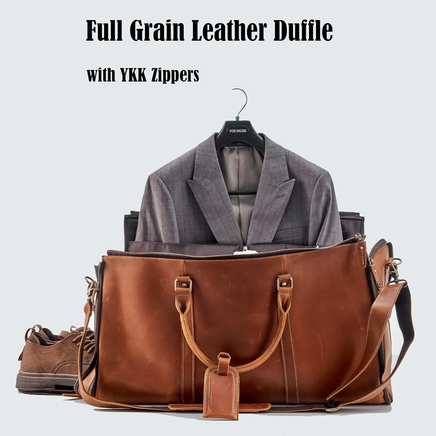 Genuine Leather Convertible Garment Bag with Shoes Compartment Full Grain Leather Carry on Duffle Bag for Men Women Weekender Hanging Business Suitcase for Travel Suit