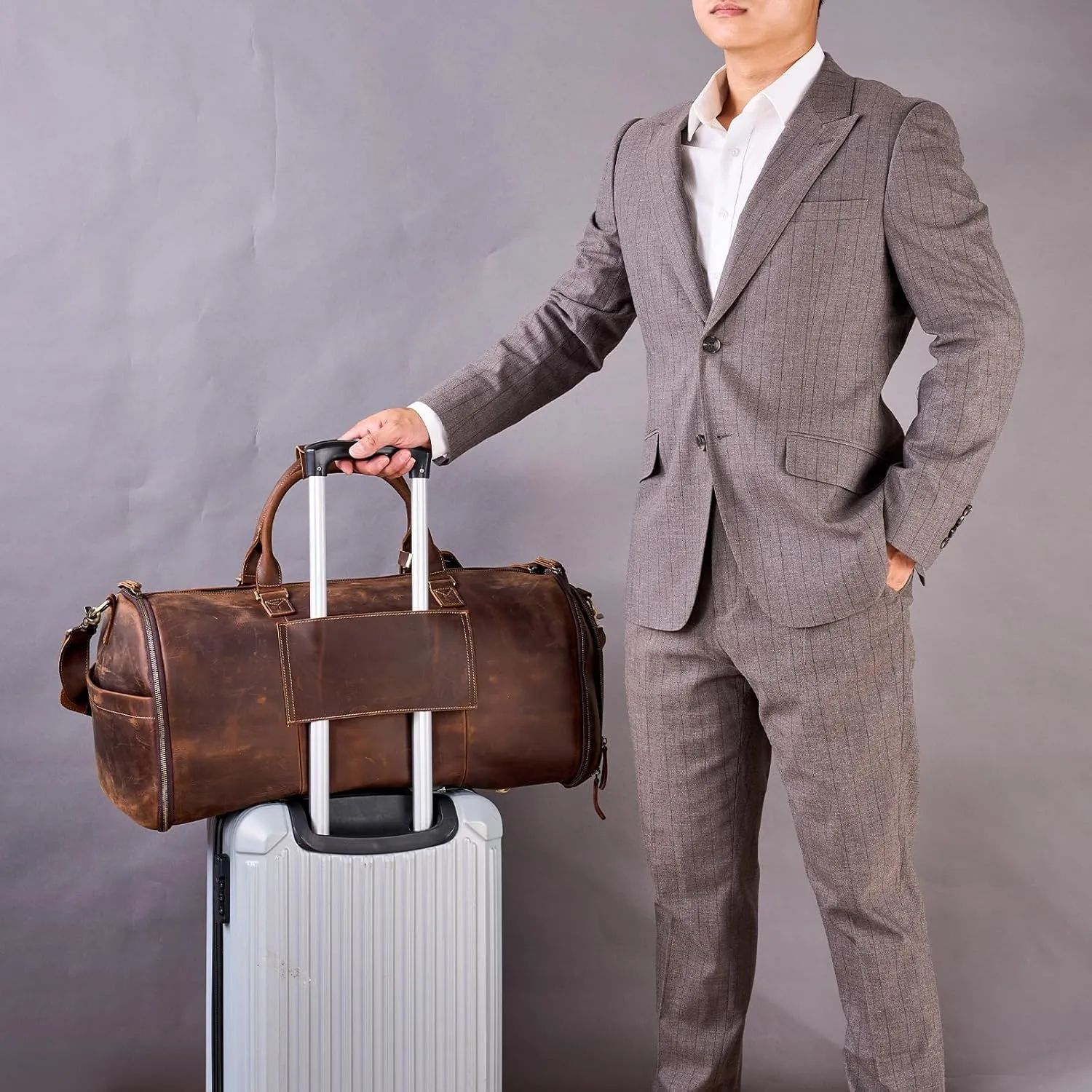 Genuine Leather Convertible Garment Bag with Shoes Compartment Full Grain Leather Carry on Duffle Bag Garment for Men Women Weekender Hanging Business Suitcase for Travel Suit DarkBrown
