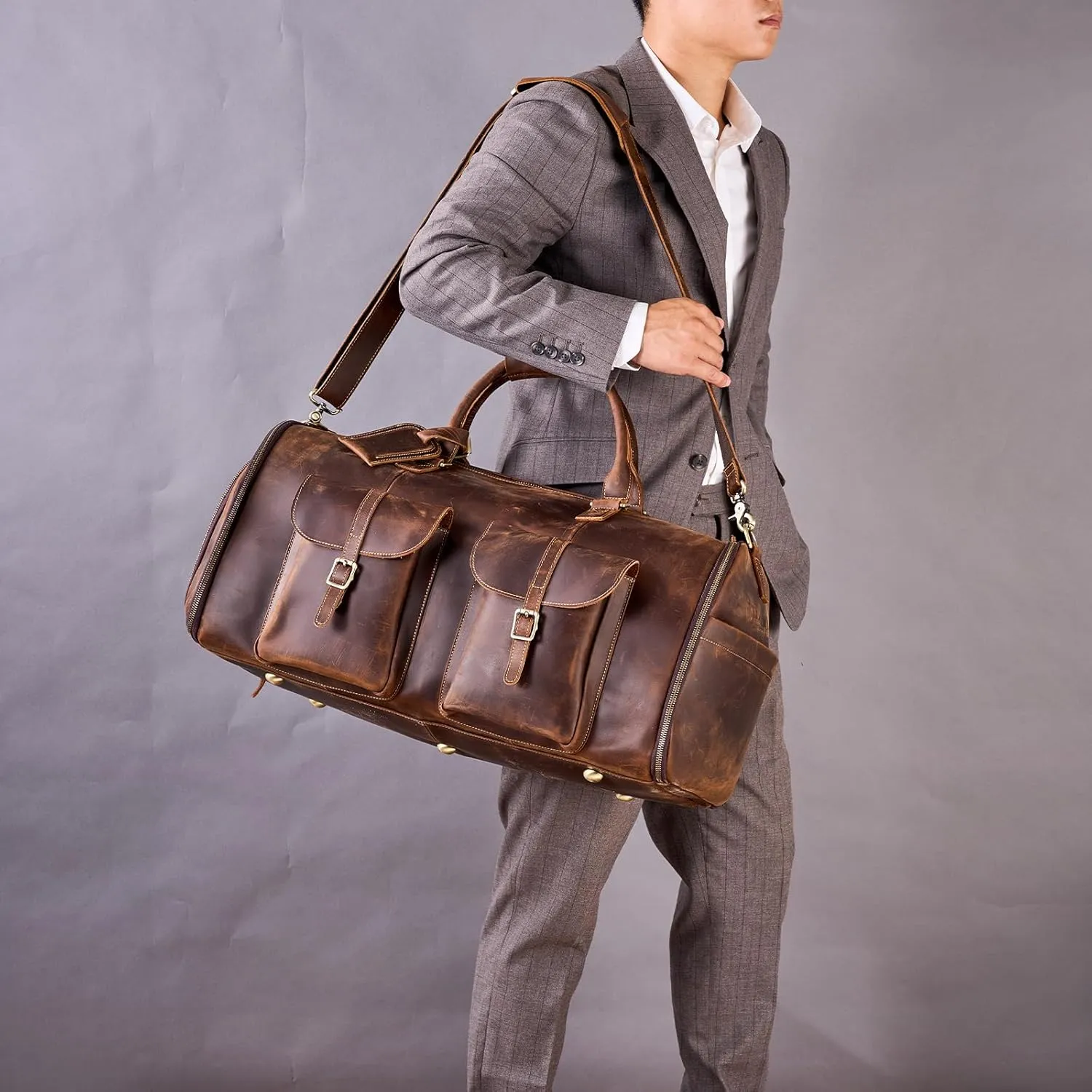 Genuine Leather Convertible Garment Bag with Shoes Compartment Full Grain Leather Carry on Duffle Bag Garment for Men Women Weekender Hanging Business Suitcase for Travel Suit DarkBrown