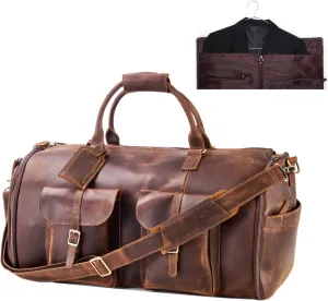 Genuine Leather Convertible Garment Bag with Shoes Compartment Full Grain Leather Carry on Duffle Bag Garment for Men Women Weekender Hanging Business Suitcase for Travel Suit DarkBrown