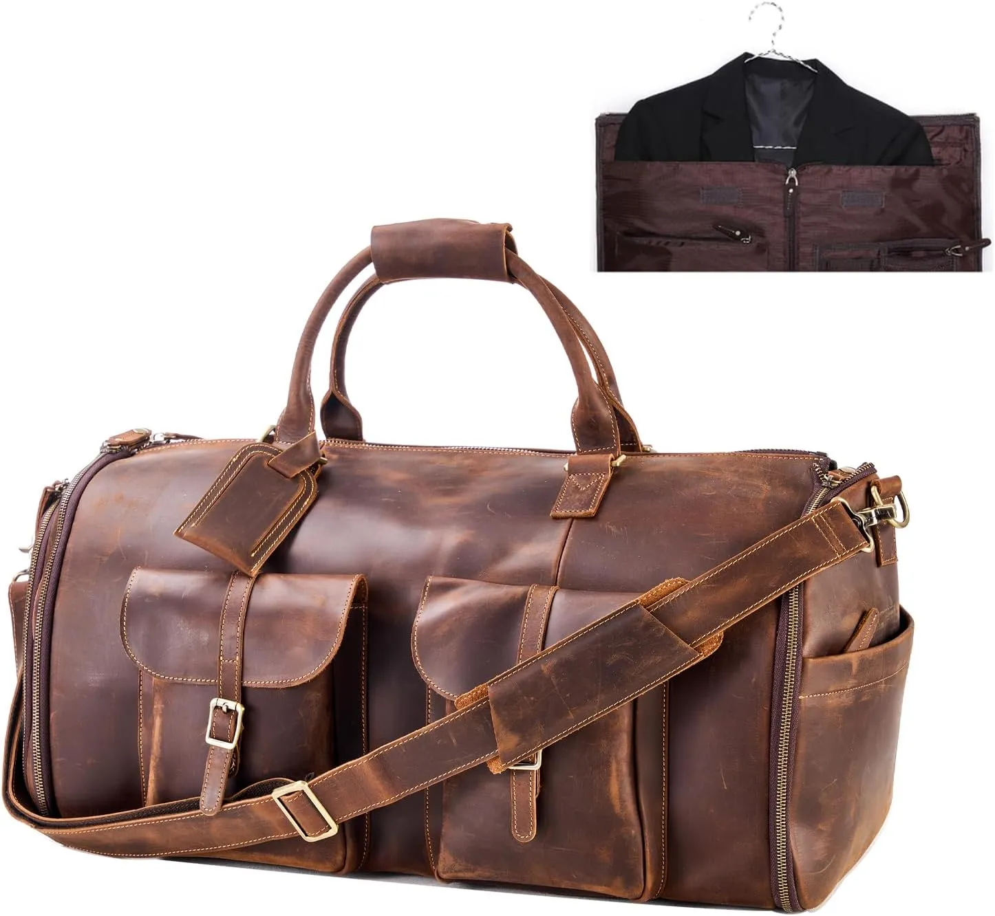 Genuine Leather Convertible Garment Bag with Shoes Compartment Full Grain Leather Carry on Duffle Bag Garment for Men Women Weekender Hanging Business Suitcase for Travel Suit DarkBrown