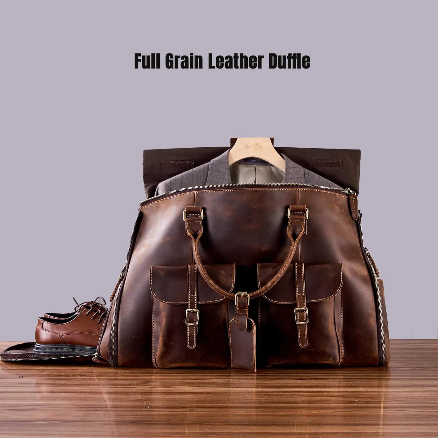Genuine Leather Convertible Garment Bag with Shoes Compartment Full Grain Leather Carry on Duffle Bag Garment for Men Women Weekender Hanging Business Suitcase for Travel Suit DarkBrown