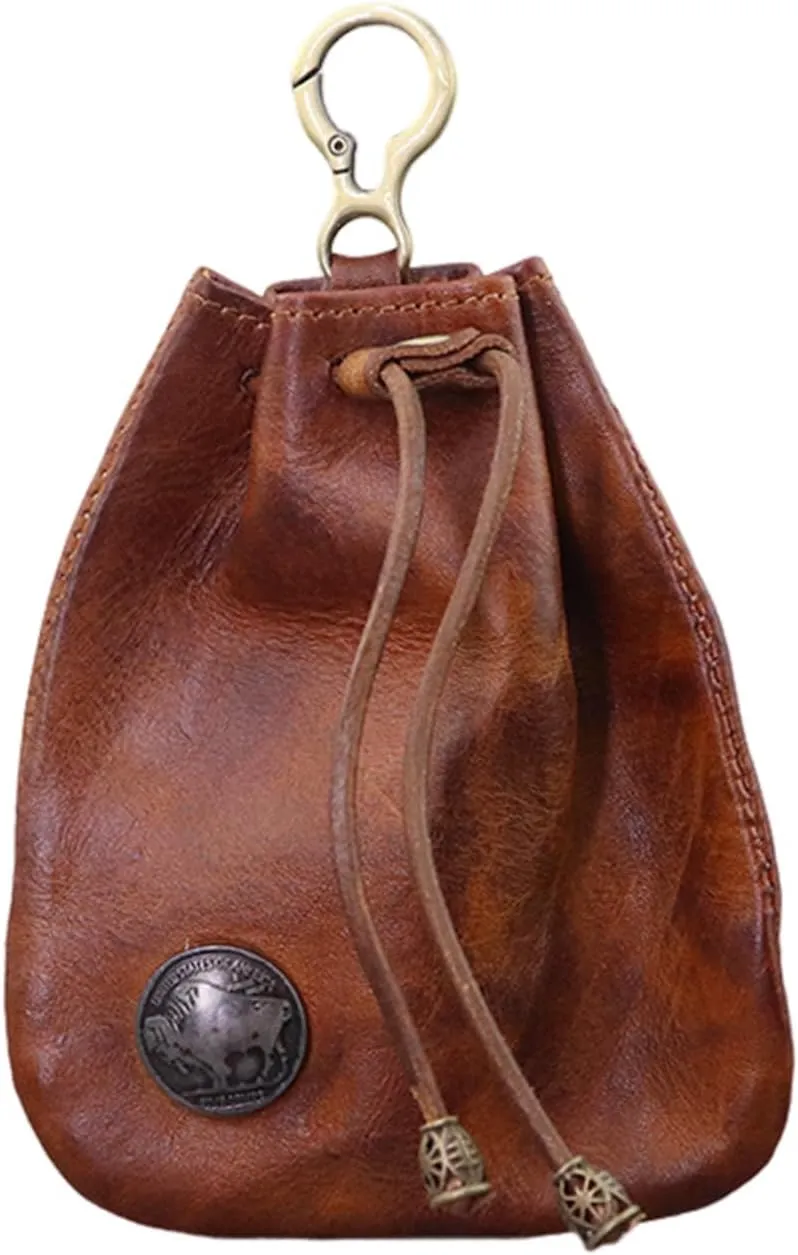 Genuine Leather - Drawstring Pouch Leather Coin Purse Pouch Keychain Mini Vintage Jewelry Key Dice Personality Change Coin Purse Pouch Bag Organizer for Men & Women (Brown)