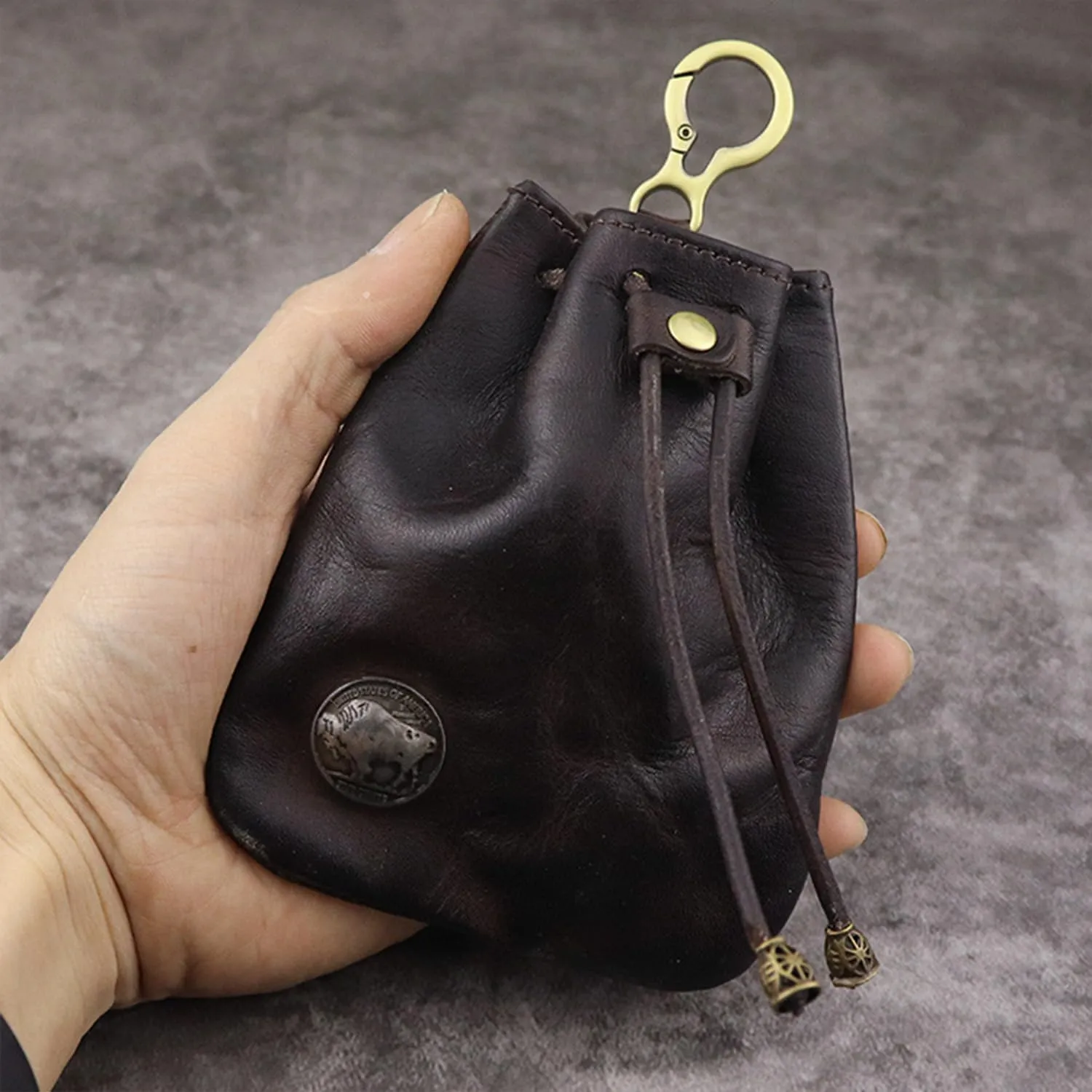 Genuine Leather - Drawstring Pouch Leather Coin Purse Pouch Keychain Mini Vintage Jewelry Key Dice Personality Change Coin Purse Pouch Bag Organizer for Men & Women (Brown)