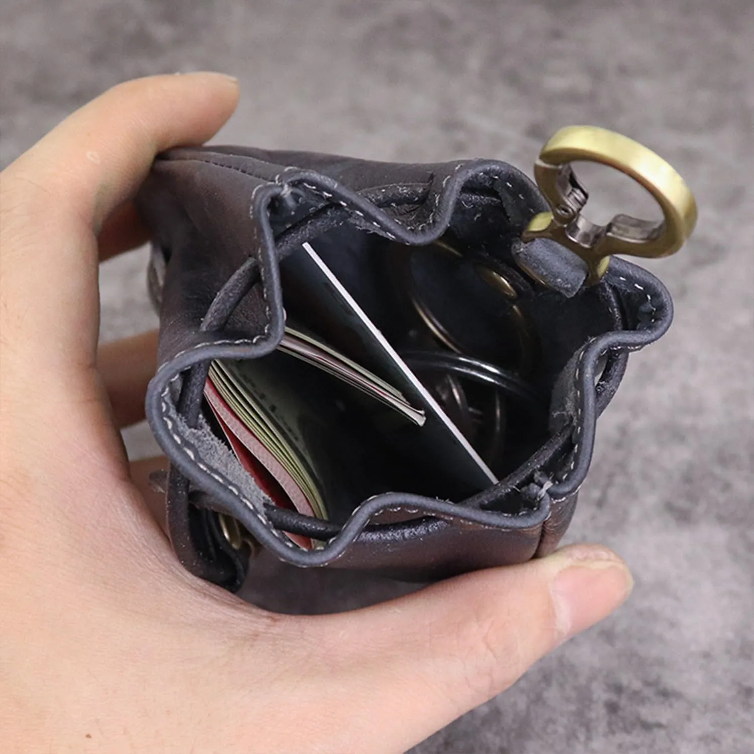 Genuine Leather - Drawstring Pouch Leather Coin Purse Pouch Keychain Mini Vintage Jewelry Key Dice Personality Change Coin Purse Pouch Bag Organizer for Men & Women (Brown)
