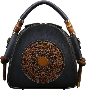 Genuine Leather Pocketbooks for Women, Retro Organizer Top Handle Satchel Totem Leather Handbag Ladies