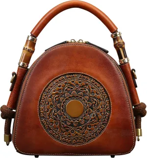 Genuine Leather Pocketbooks for Women, Retro Organizer Top Handle Satchel Totem Leather Handbag Ladies