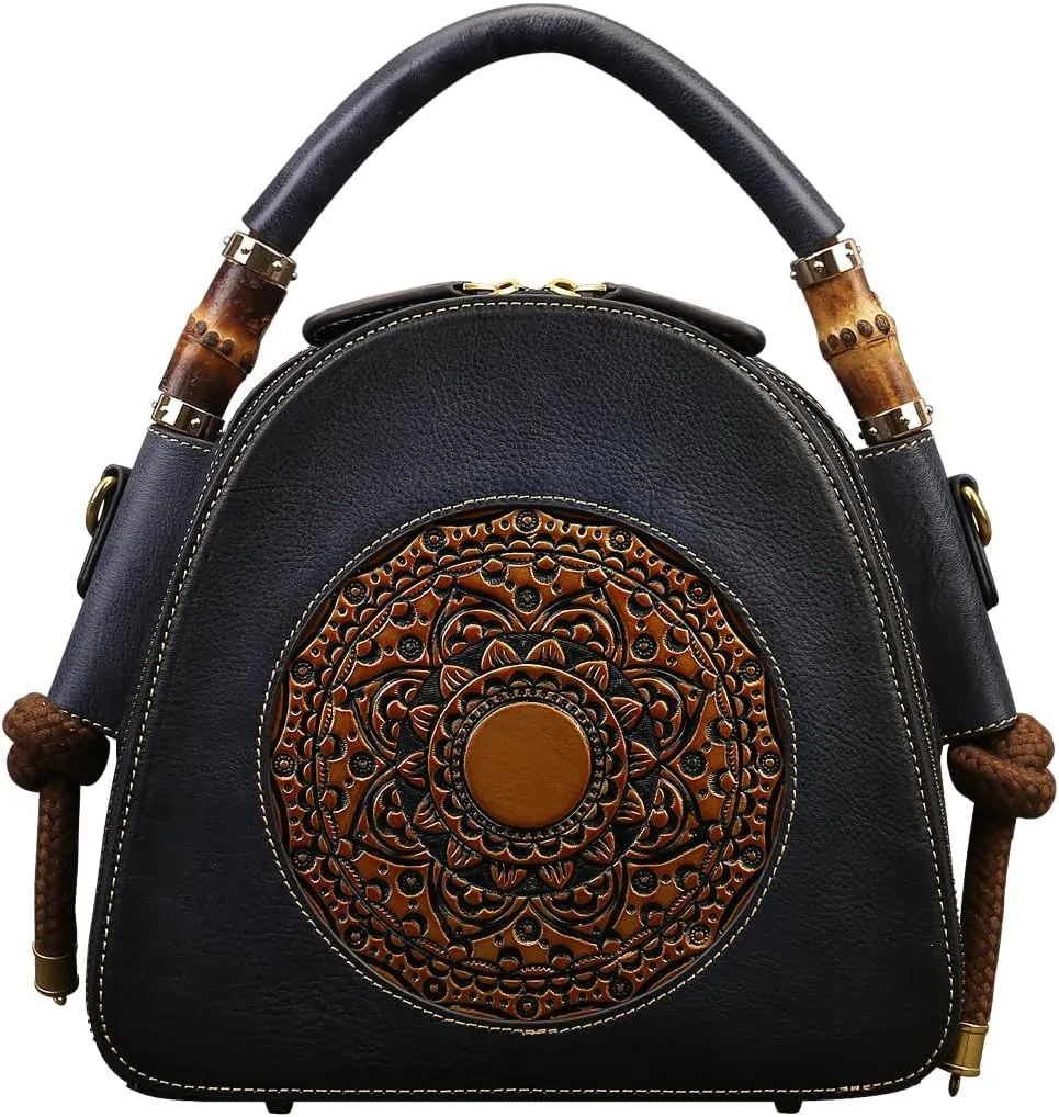 Genuine Leather Pocketbooks for Women, Retro Organizer Top Handle Satchel Totem Leather Handbag Ladies