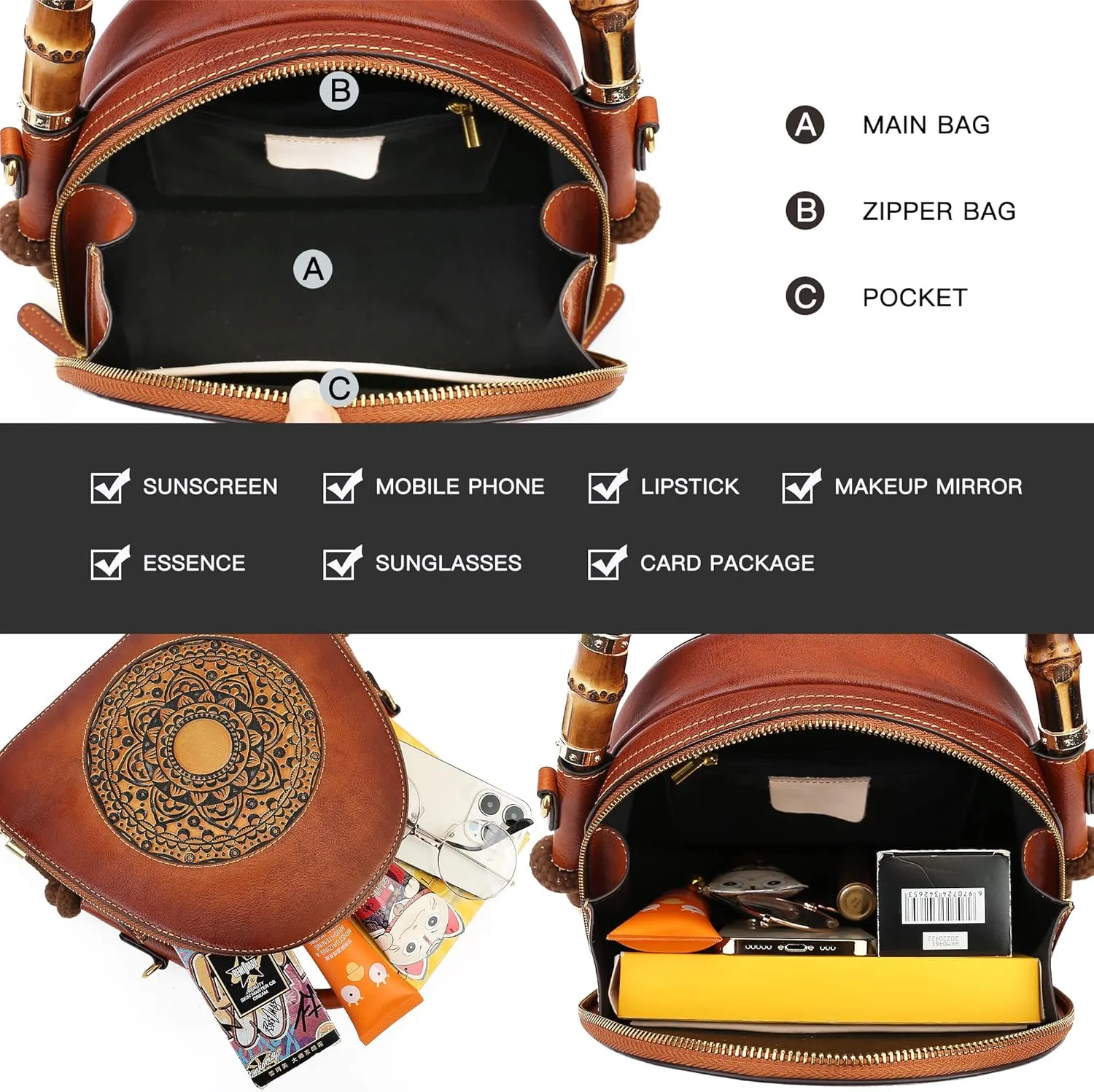 Genuine Leather Pocketbooks for Women, Retro Organizer Top Handle Satchel Totem Leather Handbag Ladies