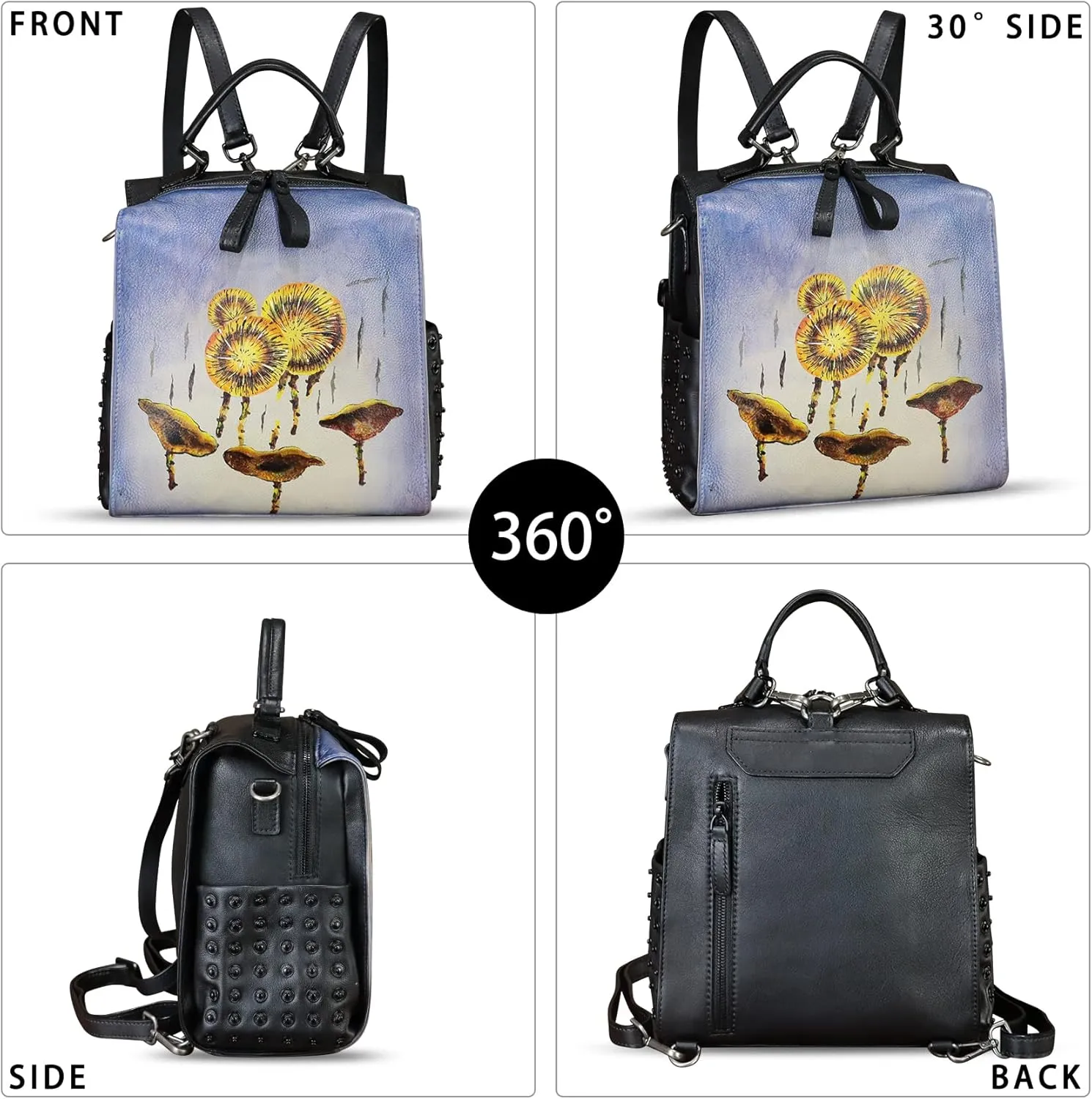 Genuine Leather Satchel for Women Hand Painted Purse Crossbody Handbag Top Handle Bags Handmade Convertible Backpack